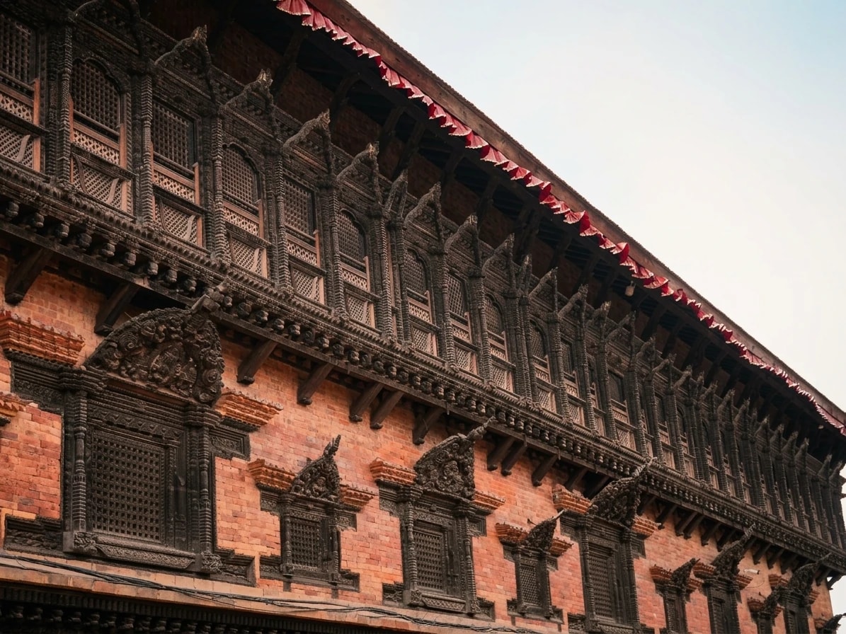 Intricate carved wooden windows of the historic 55 Window Palace in Bhaktapur Durbar Square.