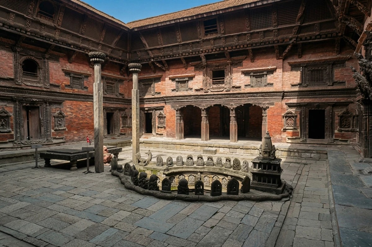 Sundari Chowk courtyard at Patan Museum, featuring traditional Newari brick architecture and a historic courtyard.