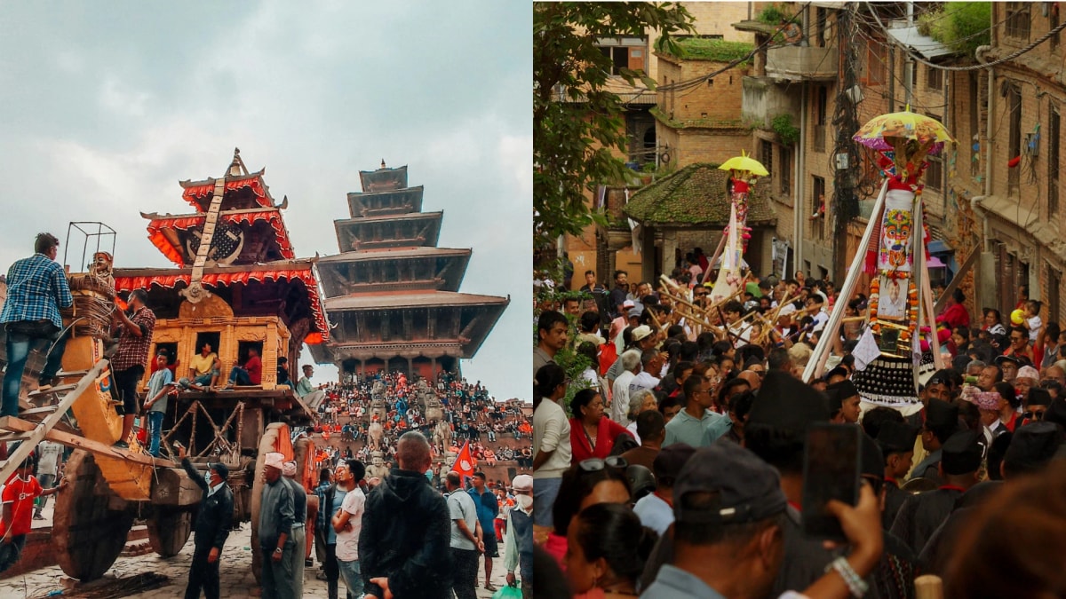 Chariot of Bisket Jatra and Gai Jatra festival procession in the streets of Bhaktapur, Nepal.