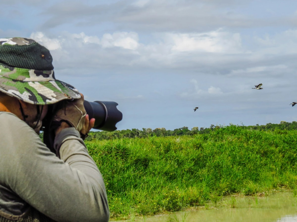 A birdwatcher photographs wild birds over green wetlands in Nepal.