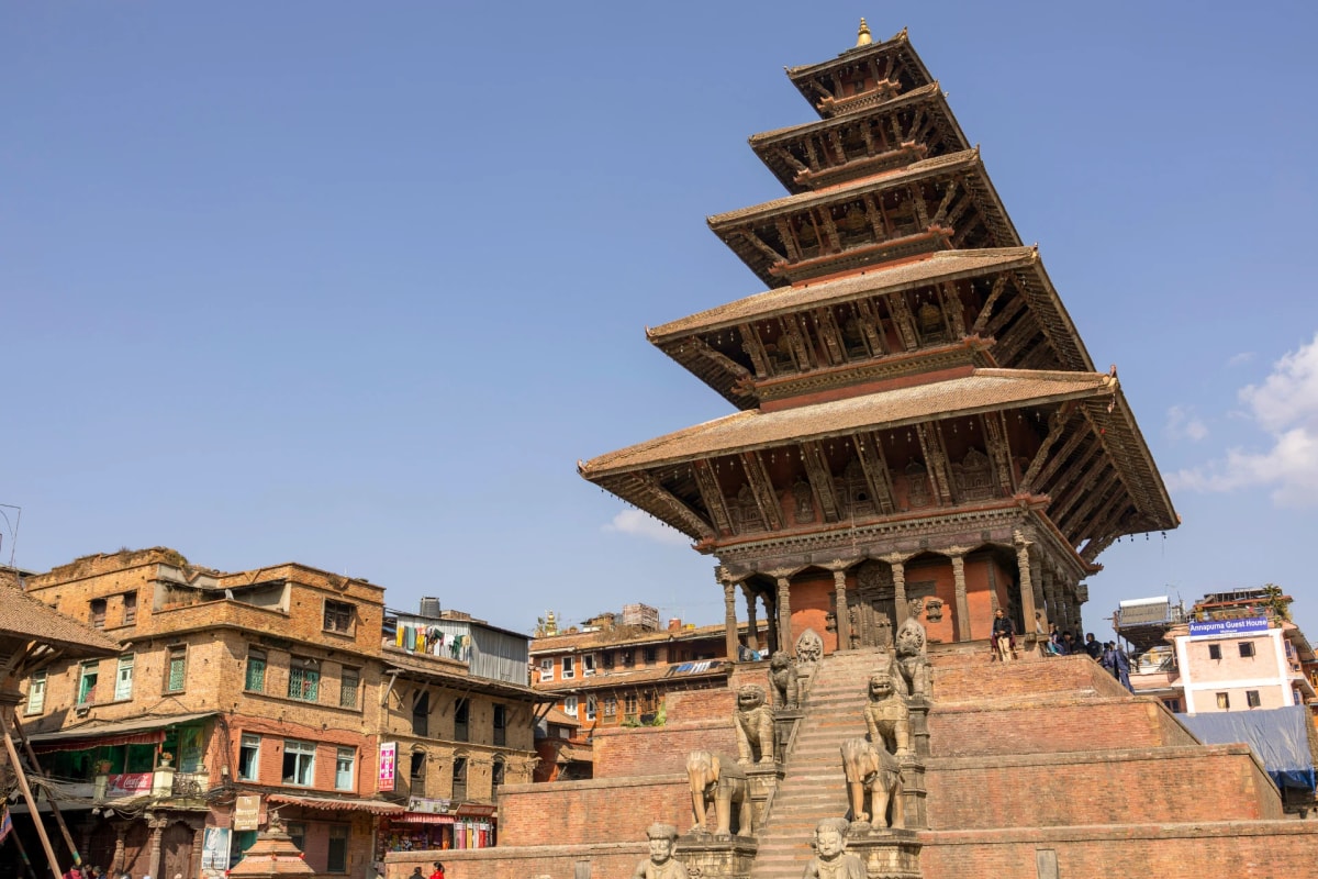 The five-story Nyatapola Temple pagodas towering over Taumadhi Square in Bhaktapur, Nepal.