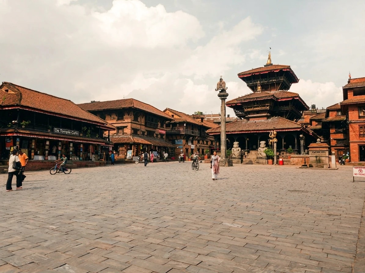 Historic Dattatreya Temple and stone-paved square in Bhaktapur, Nepal.