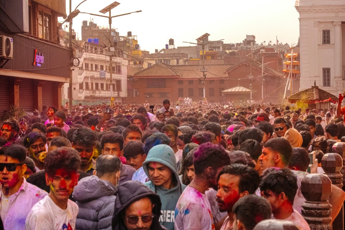 celebrating holi at Kathmandu Durbar square